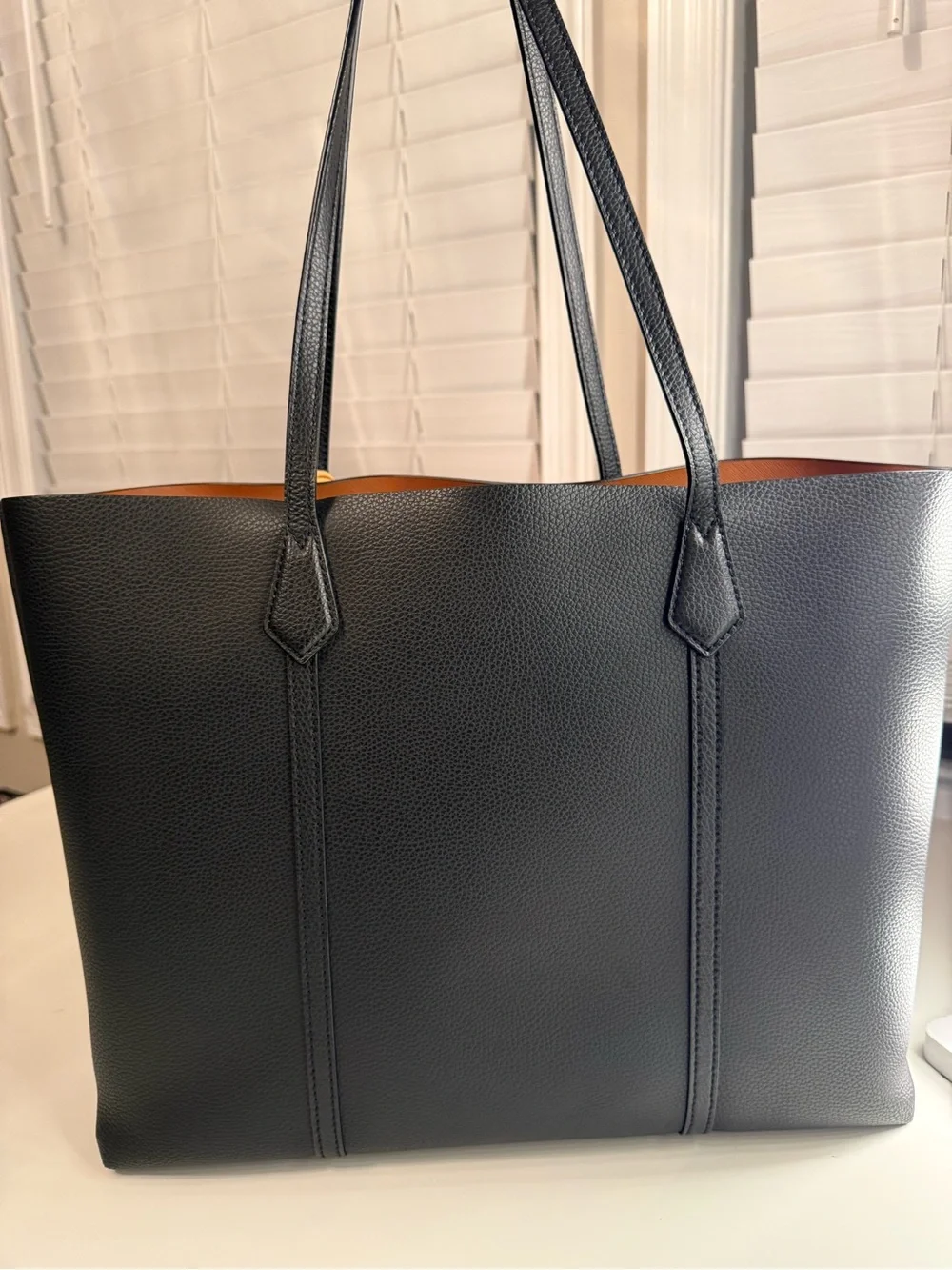 Tory Burch Black Leather Tote with Tan Trim and Gold Logo